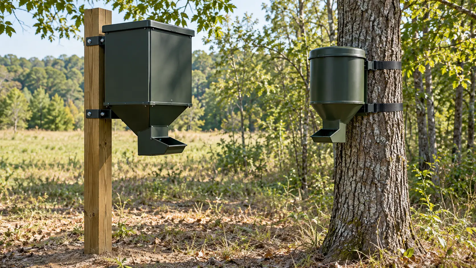 Illustrative post-mounted and tree-mounted gravity deer feeders showing two installation styles