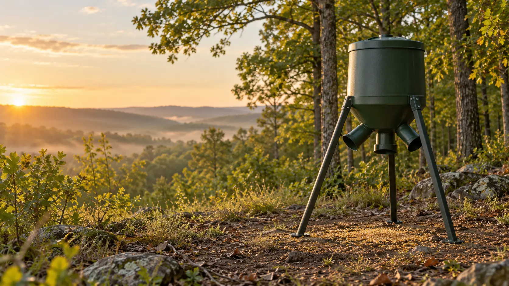 Illustrative gravity deer feeder on a tripod beside U.S. woodland at sunrise
